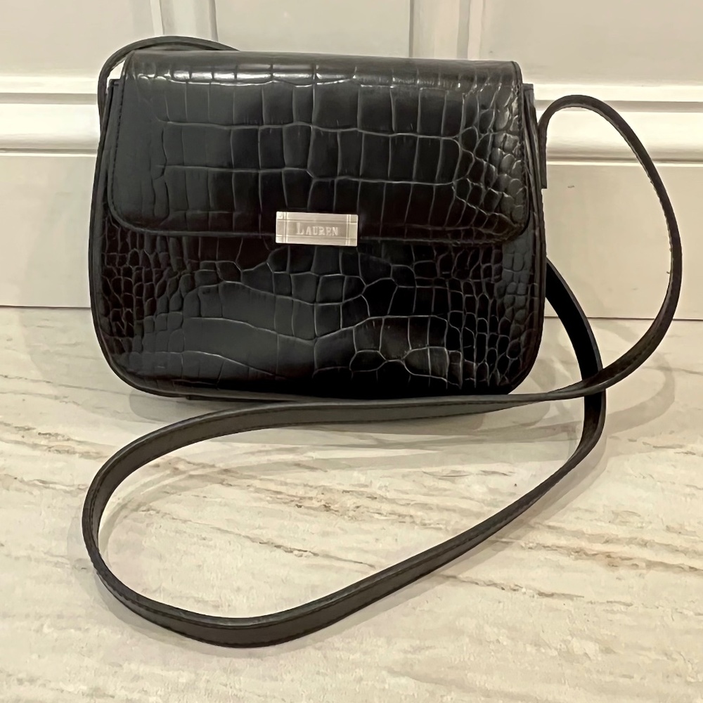 Ralph Lauren reptile embossed leather shoulder bag in black